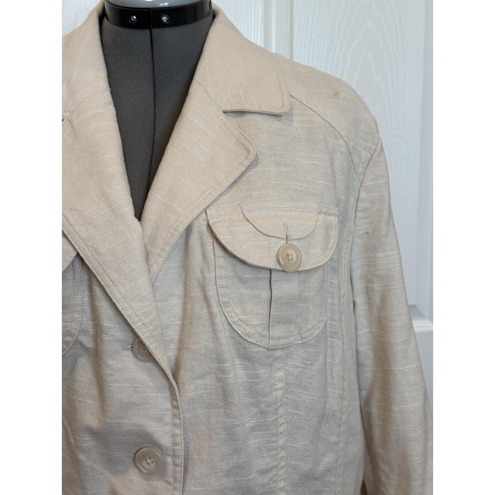 Blazer 20W Beige Linen Lined 3-Button Jacket Decorative Pockets PTP 25" - Picture 3 of 11